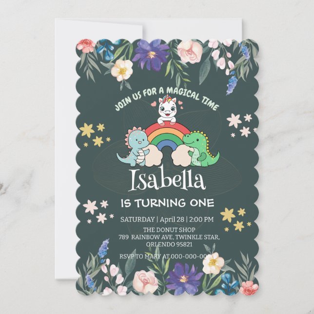 Niedlicher Dinosaurier Unicorn Regenbogen Blumenge Einladung (Vorderseite)