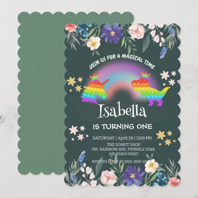 Niedlicher Dinosaurier Unicorn Regenbogen Blumenge Einladung (Vorne/Hinten)
