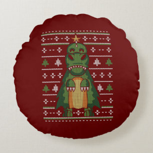 Niedlicher Dinosaurier Weihnachtsbaum Ugly Sweater Rundes Kissen