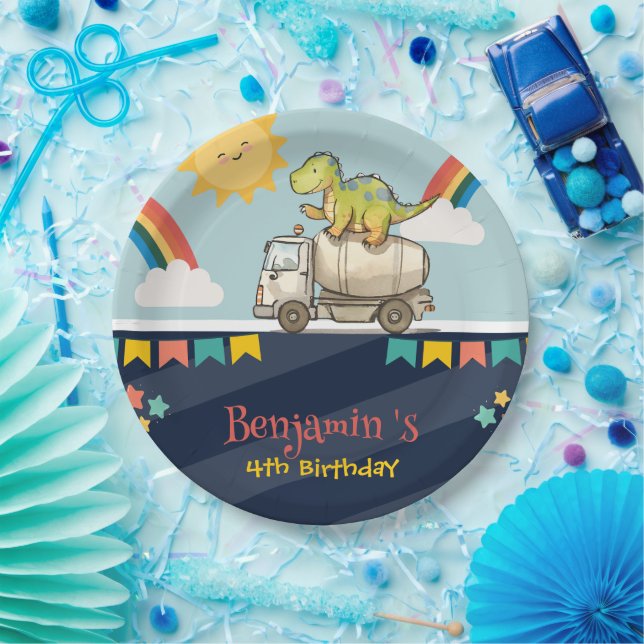 Niedlicher Dinosaurier-Zement-LKW Rainbow School G Pappteller (Party)