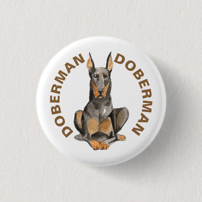 Niedlicher Doberman Hund Zucht Wasserfarben Illust Button (Vorderseite)