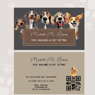 Niedlicher Dog Walker Groomer QR Code Grau Visitenkarte