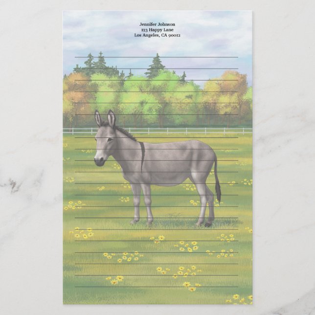Niedlicher Donkey Gray Burro in Weide Briefpapier (Vorderseite)