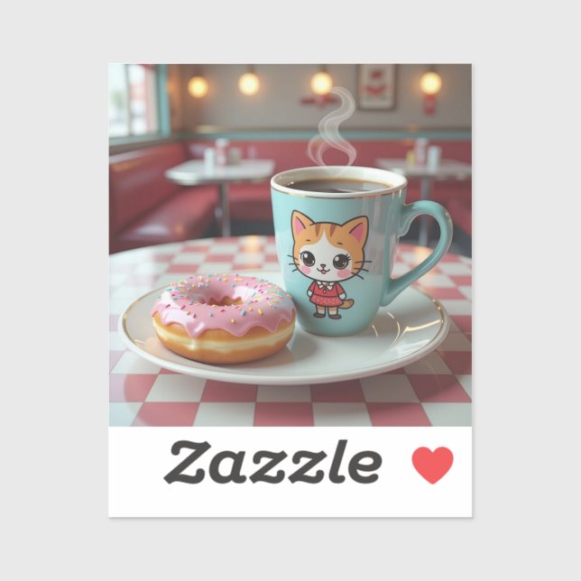 Niedlicher Donut und Kaffee in Retro Diner Aufkleber (Blatt)