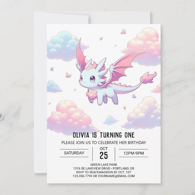 Niedlicher Drache 1. Geburtstag Einladung (Vorderseite)