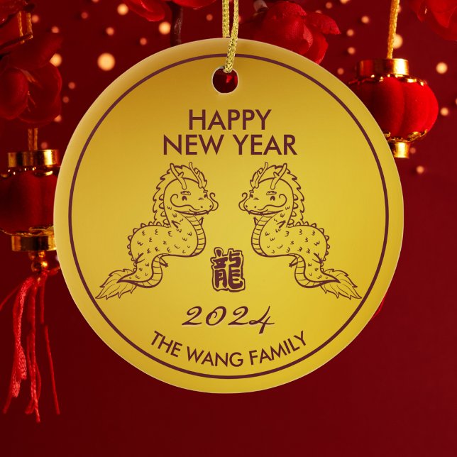Niedlicher Drache chinesisches Neujahr 2024 Gold Keramik Ornament (Send wishes for a prosperous Year of 2024 with our Dragon Wishes Ornament!)