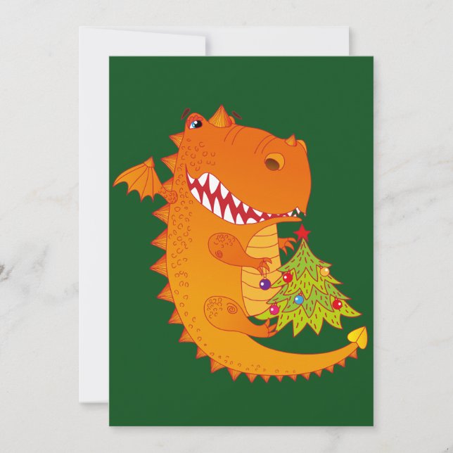 Niedlicher Drache Holding Weihnachtsbaum Feiertagskarte (Vorderseite)