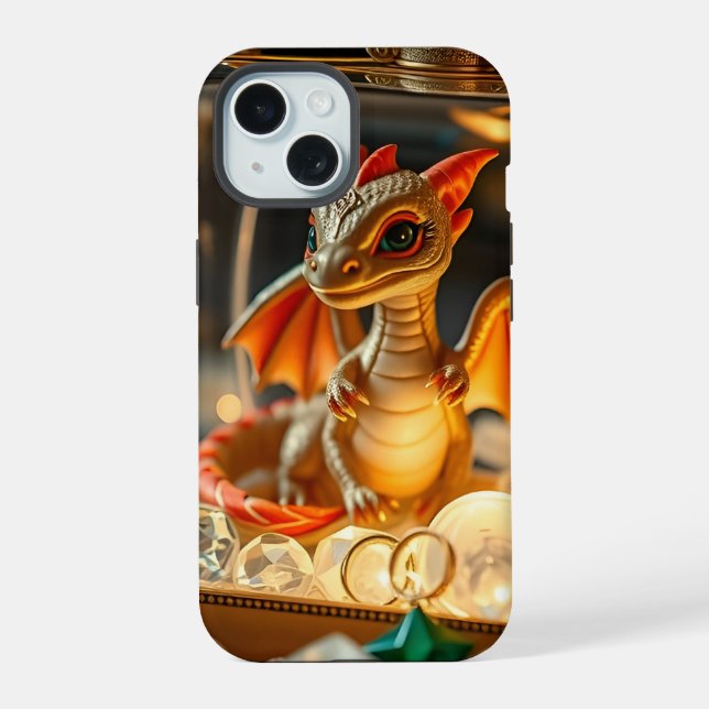 Niedlicher Drache in einer Schmuckbox iPhone 15 Hülle (Rückseite)