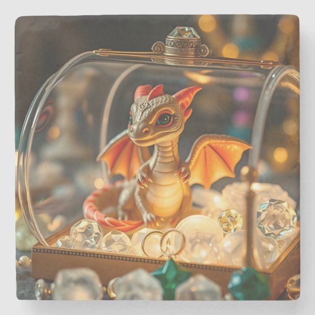 Niedlicher Drache in einer Schmuckbox Steinuntersetzer (Vorderseite)