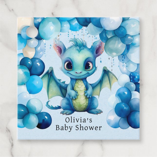 Niedlicher Drache mit Blue Balloons Boy Baby Dusch Geschenkanhänger (Vorderseite)