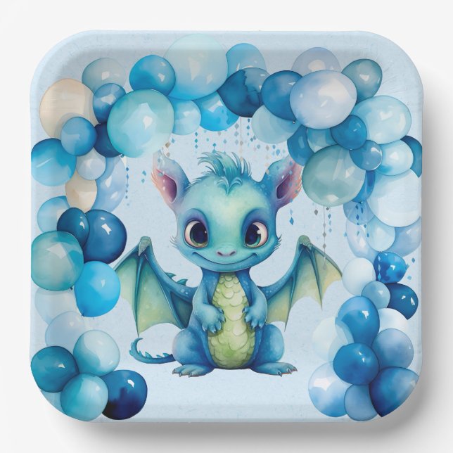 Niedlicher Drache mit Blue Balloons Boy Baby Dusch Pappteller (Vorderseite)