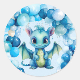 Niedlicher Drache mit Blue Balloons Boy Baby Dusch Runder Aufkleber