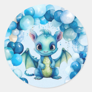 Niedlicher Drache mit Blue Balloons Boy Baby Dusch Runder Aufkleber
