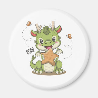 Niedlicher Drache mit Holzstern und Schmetterling Magnet