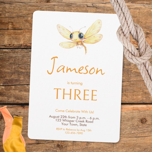 Niedlicher Dragonfly Orange Yellow Boy Geburtstag Einladung (Von Creator hochgeladen)