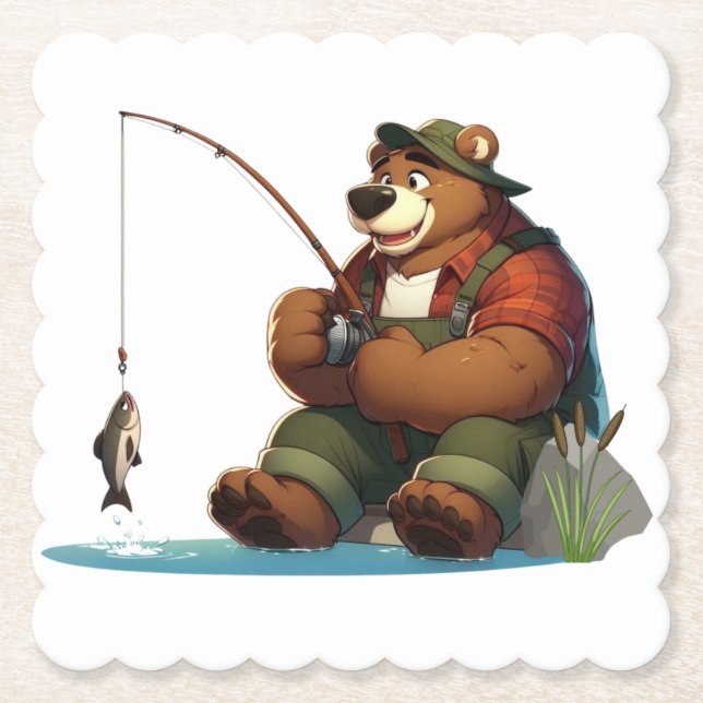 Niedlicher, draussen lebender Bär beim Fischen Untersetzer (Vorderseite)