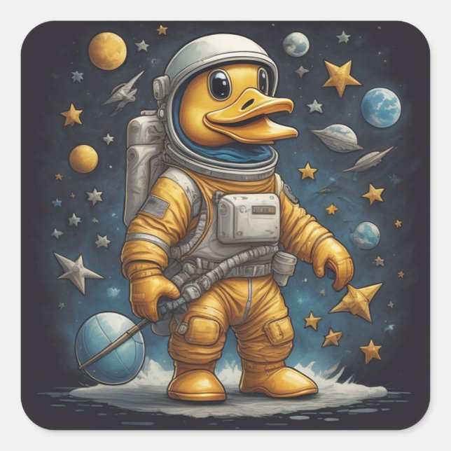 Niedlicher Duckastronaut im All mit Planeten, lust Quadratischer Aufkleber (Vorderseite)