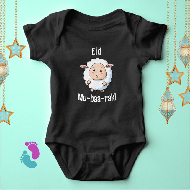 Niedlicher "Eid Mubarak" Sheep Funny Baby Bodysuit Strampler (Celebrate the joy of Eid with this cute "Eid Mu-baa-rak!" cartoon sheep baby bodysuit!)