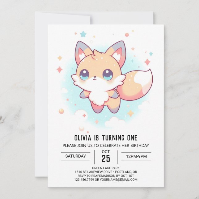 Niedlicher einfacher Fox 1. Geburtstag Einladung (Vorderseite)