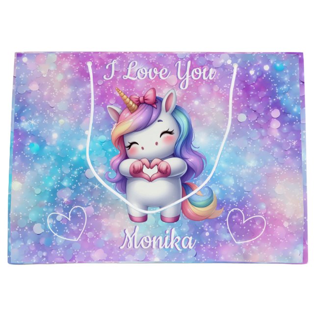Niedlicher Einhorn Glitzer I Liebe Sie Personalisi Große Geschenktüte (Vorderseite)