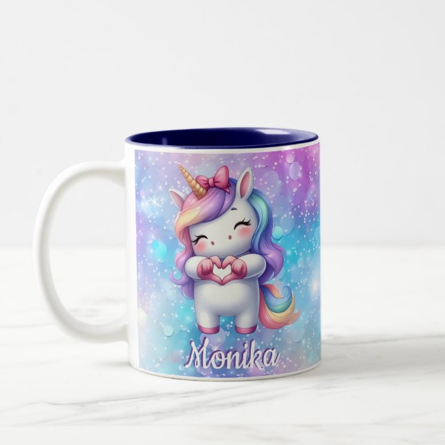 Niedlicher Einhorn Glitzer I Liebe Sie Personalisi Zweifarbige Tasse (Links)