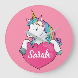 Niedlicher Einhornname Personalisiert Große Wanduhr