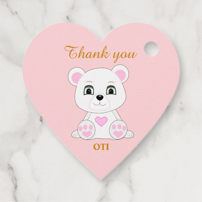 Niedlicher Eisbär danke auf goldfarben & hellrosa Geschenkanhänger (Rückseite)