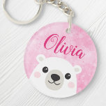 Niedlicher Eisbär individuelle Name rosa Schlüsselanhänger<br><div class="desc">Schlüsselanhänger mit einem niedlichen kleinen Eisbären auf rosa Untergrund und einem anpassbaren Namen oben.</div>