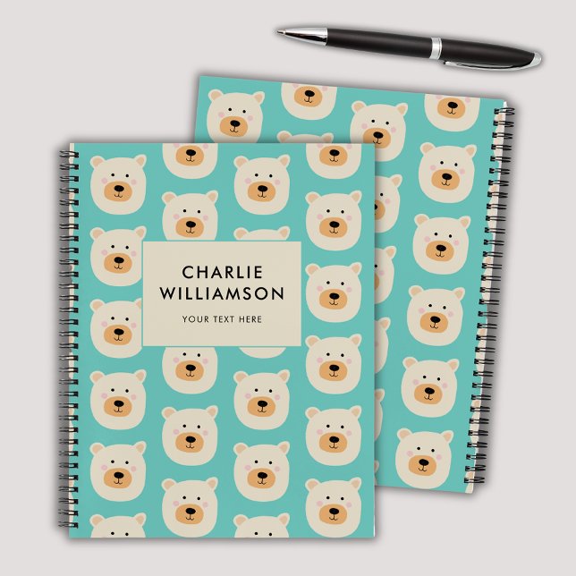 Niedlicher Eisbär personalisiert Notizbuch (Cute kids polar bear deluxe spiral notebook with pattern and personalized name.)