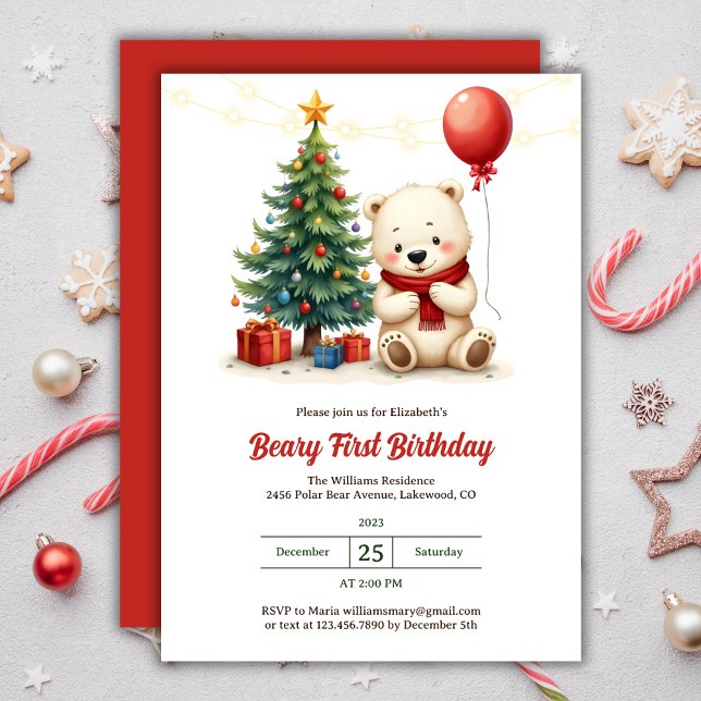 Niedlicher Eisbär Weihnachtsbär 1. Geburtstag Einladung (Cute Watercolor Polar Bear Christmas Beary 1st Birthday Invitation)