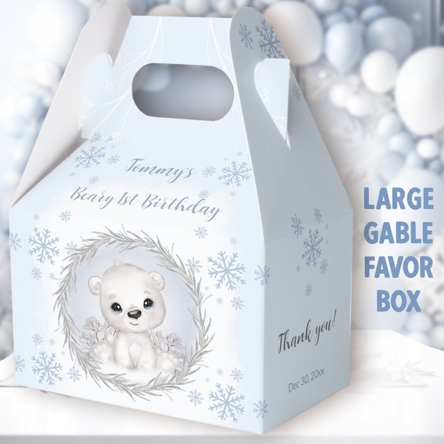 Niedlicher Eisbär Winter Blue 1. Geburtstag Grosse Geschenkschachtel (Blue Polar Bear Large Gable Favor Boxes - You can choose from 3 sizes of these gable favor boxes)