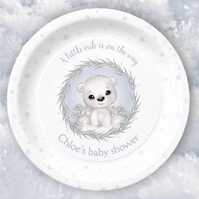Niedlicher Eisbär Winterjunge Babydusche Weiß Pappteller (Cute Polar Bear Winter Boy Baby Shower White Paper Plates)