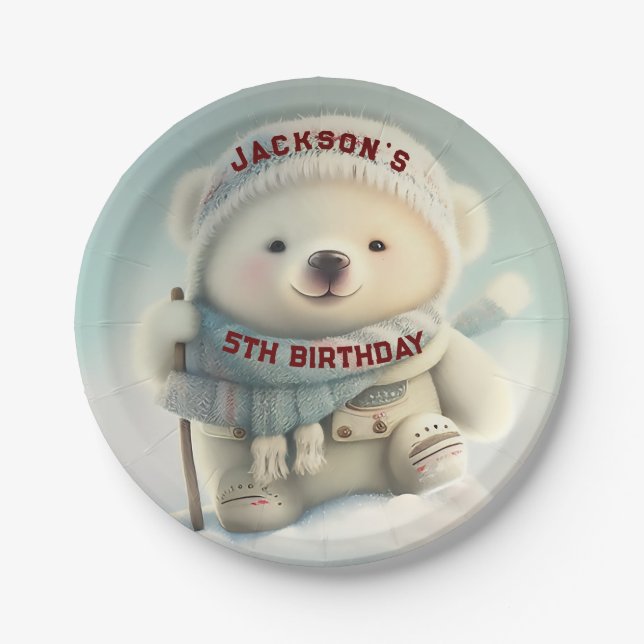 Niedlicher Eisbär Winterwunder Skigebiet Schneeflo Pappteller (Vorderseite)