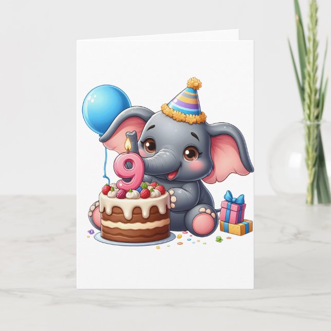 Niedlicher Elefant 9. Geburtstag Karte (Vorderseite)