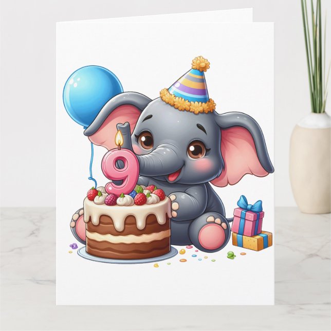 Niedlicher Elefant 9. Geburtstag Karte (Vorderseite)