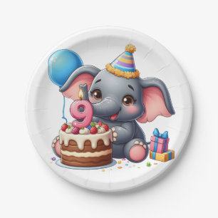 Niedlicher Elefant 9. Geburtstag Pappteller