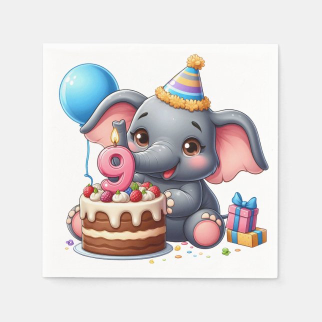 Niedlicher Elefant 9. Geburtstag Serviette (Vorderseite)