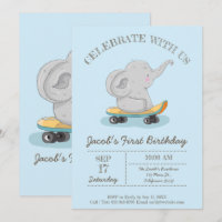 Niedlicher Elefant auf einem Skateboard. Geburtsta