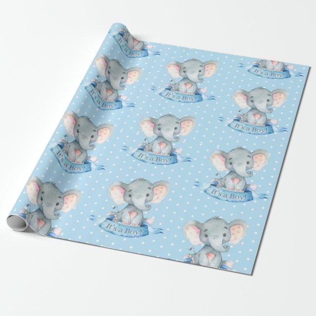 Niedlicher Elefant Baby Boy Blue und Grau Geschenkpapier (Ungerollt)