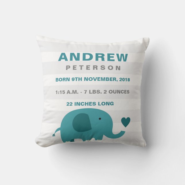 Niedlicher Elefant Birth Announcement Pillow Kissen (Vorderseite)