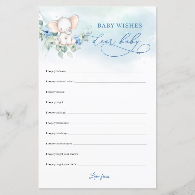 Niedlicher Elefant blauer Blüten Liebe Baby wünsch (Vorderseite)