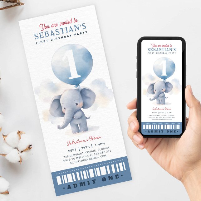 Niedlicher Elefant First Birthday Ticket Einladung (Von Creator hochgeladen)