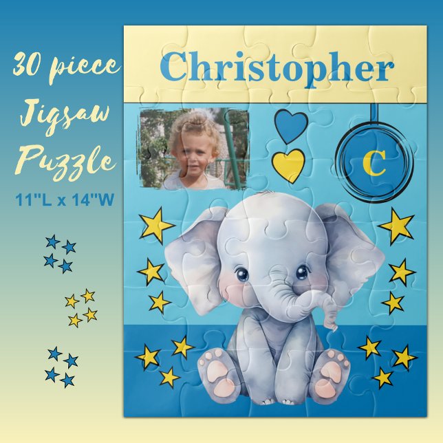 Niedlicher Elefant Foto Name Blue Gelb Kids Puzzle (Von Creator hochgeladen)