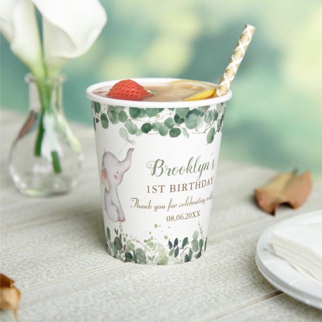 Niedlicher Elefant Grüne Gender Neutral 1. Geburts Pappbecher (In Situ)
