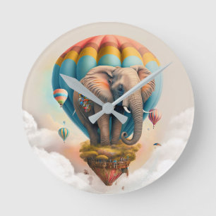 Niedlicher Elefant Heißluftballon Whimsical Tier Runde Wanduhr