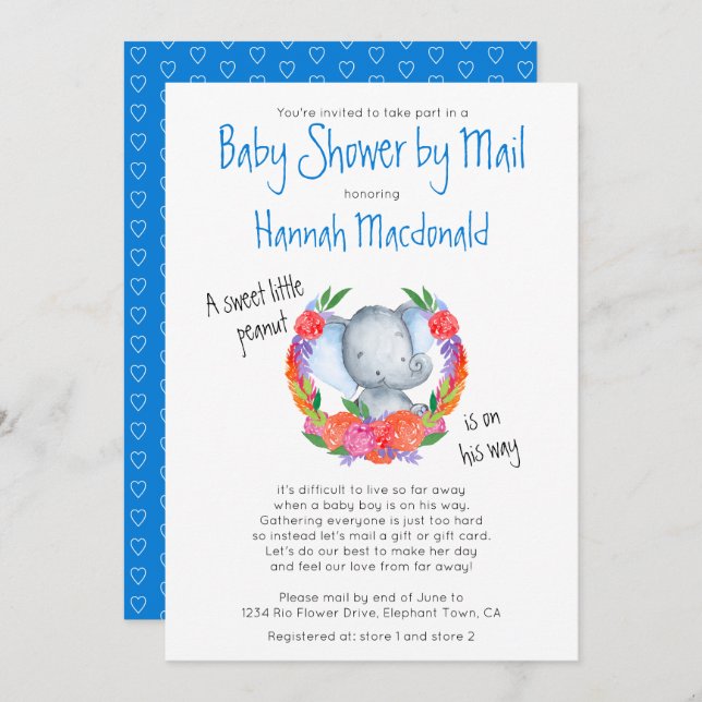 Niedlicher Elefant in Garland Boy Baby Shower by M Einladung (Vorne/Hinten)