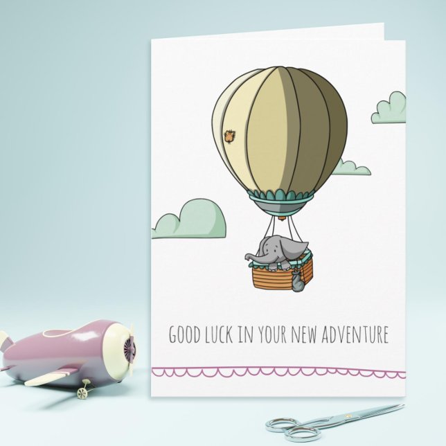 Niedlicher Elefant in Hot-Balloon Viel Glück Farew Karte (Cute farewell card with an elephant in a hot air balloon by Kinda Cute by Patricia Alvarez)