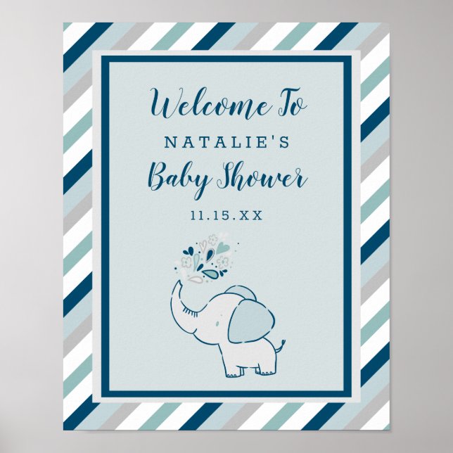 Niedlicher Elefant in Navy & Mint Baby Dusche Will Poster (Vorne)
