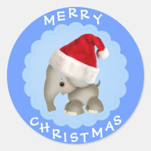 Niedlicher Elefant in Weihnachtsmannmütze Blue Chr Runder Aufkleber