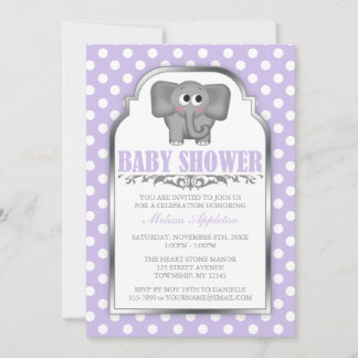 Niedlicher Elefant Lila Polka Dot Baby Dusche Einladung